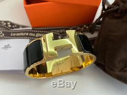 Classique Hermes CLIC Clac Bracelet En Émail Noir D'or Hardware Pm Large