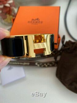 Classique Hermes CLIC Clac Bracelet En Émail Noir D'or Hardware Pm Large