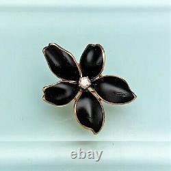 Début Du 20ème Siècle 14k Or, Black Enamel & Diamond Flower Brooch