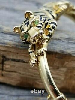 Estate 14k Gold Italie 3d Black Enamel Tiger Emerald Eyes Bangle Bracelet B