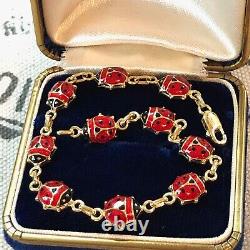 Estate 14k Or Jaune Noir Rouge Émail Ladybug 6.5 Bracelet