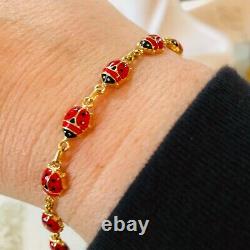 Estate 14k Or Jaune Noir Rouge Émail Ladybug 6.5 Bracelet