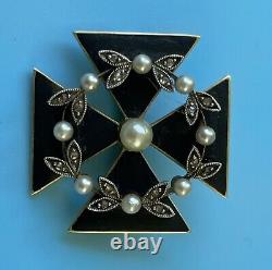 Fabuleux Antique 15 Ct Or Maltese Croix Broch Noir Enamel Perles & Diamants
