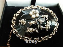 Fabuleux Grand Victorien 9ct Enamel Seed Pearl & Diamond Mourning Brooch 33.7g