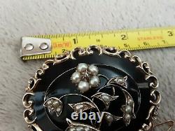 Fabuleux Grand Victorien 9ct Enamel Seed Pearl & Diamond Mourning Brooch 33.7g
