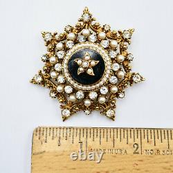 Florenza 7 Point Star Pin Brooch 2 Strass Pearls Black Enamel Gold Vintage