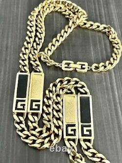 Givenchy Designer Logo Collier Black Enamel Cuban Chain Link Gold Tone Vtg