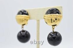 Givenchy Signé Boucles D'oreilles En Or Noir Émail Ball Dangle Vintage Runway Binab