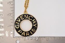 Givenchy Vintage Logo Pendentif Collier Long Gold Black Enamel Runway Signé Binn