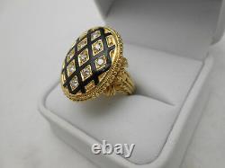 Grand Antique Estate 14k Solid Yellow Gold Black Enamel & Diamond Ring Taille 6.5
