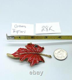 Great Vtg Crown Trifari Tone D'or Rouge Noir Émail Ladybug Leaf Brooch Pin