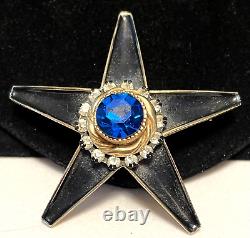 Har Broch Rare Vintage 2-1/2 Gilt Black Émail Blue Strass Pin Signé A1