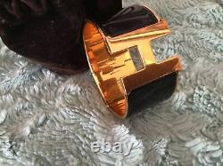 Hermès CLIC Clac H Black Enamel Extra Wide Gold Plated Bracelet 55mm Taille Pm
