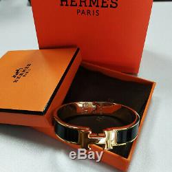 Hermes Classique En Émail Noir CLIC Clac H Bracelet En Or Taille Pm
