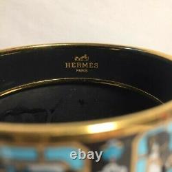 Hermes Large Plaqué Or Noir, Turquoise Émail Bracelet D'angle Équestre