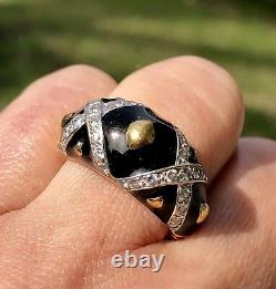 Hidalgo 18k Or Jaune Diamant XX Kiss Black Enamel Domed Wide Vintage Anneau 7