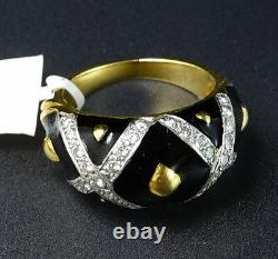Hidalgo 18k Or Jaune Diamant XX Kiss Black Enamel Domed Wide Vintage Anneau 7