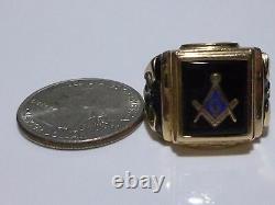 Impressionnant Vintage Estate 14k Gold Designer Black Enamel Mason Maçonnic Mens Ring