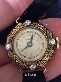 Ladies Anciennes Wrist Watch 14k Or Jaune Émail Diamond Mignon Preciosa Suisse
