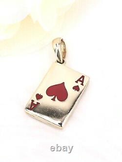 Lucky 14k Yellow Gold, Ace Of Hearts 2 Sided (rouge/noir) Card Enameled Pendant