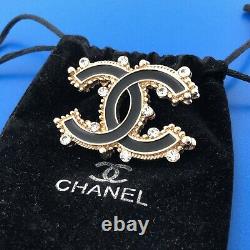 MID Century Classic Chanel Black Enamel Strass Logo Signature Pin Brooch