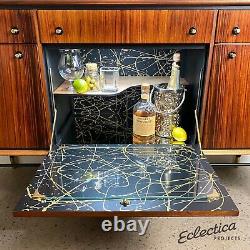 MID Century Heals Buffet Vintage Cocktail Boissons Cabinet Black Gold Rosewood