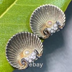 Marcel Boucher Vintage Clip-on Seashell Faux Pearl Boucles D'oreilles En Cristal Plaqué Or
