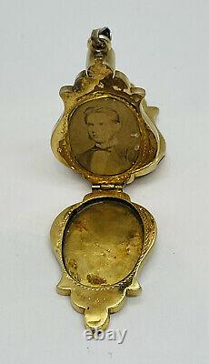 Pendentif Antique Victorien 14k Gold Black Enamel Multi Frame Ornate Locket