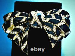 Sensational Ciner Black Enamel Clear Swarovski Crystals Gold Tone Bow Broche Cf9