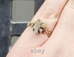 Striped Era Victorienne Diamond Ring Seed Pearl Black Enamel Mourning Antique Gold