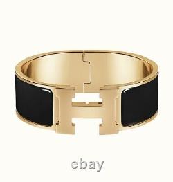 T.n.-o. 2021 Authentic Hermès Black Enamel Gold Metal CLIC Clac H Pm Bangle Bracelet