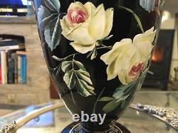 Très Rare Antique Améthyste Noir Lidded Vase Émaillé Moser Tchèque Doré 16