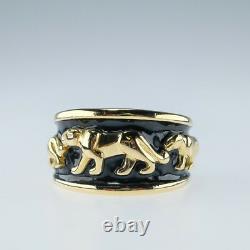 Trois Jaguar Panther Animal Band Ring Taille 6 En 18k Yellow Gold & Black Enamel