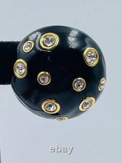 Valentino Vintage Or Plaqué Black Lacquer Enamel Strass Clip Boucles D'oreilles