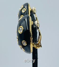 Valentino Vintage Or Plaqué Black Lacquer Enamel Strass Clip Boucles D'oreilles