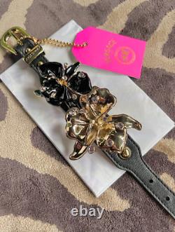 Versace Hm Or Noir Émail Fleur Cristal Bracelet En Cuir Bnwt Rare Designer