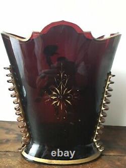 Very Rare Antique Ruby Rouge Vase Cherubs Enamelled Gilded Czech Signé Moser 8
