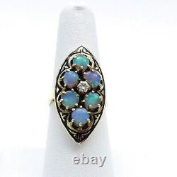 Victorian 14k Or Fiery Blue Opal Diamond Black Enamel Navette Ring Sz7