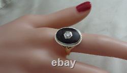 Victorian 14kt White Gold Black Enamel & Diamond Ring 8.5 Taille