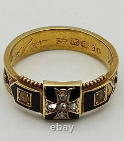 Victorian 15ct Or, Émail Noir, Diamant Et Graine Pearl Mourning Ring