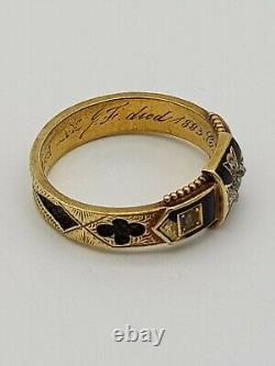 Victorian 15ct Or, Émail Noir, Diamant Et Graine Pearl Mourning Ring