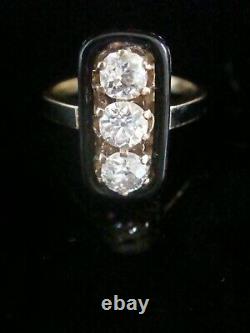 Victorian 18ct Or Jaune Vieil Diamant Coupé 1.20ct 3 Pierre Anneau Noir En Émail