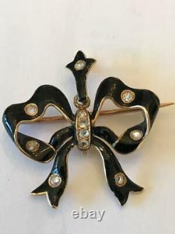 Victorian Enamel Bow Pend/pin Withdiam, 7.1 G, 13 Old Diamonds, Tests18kt Français