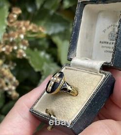 Vieille Antique 19ème Siècle Gold Split Pearl Croix Et Black Enamel Mourning Ring