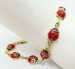 Vintage 14k Or Italien Rouge Et Noir Enamel Ladybug Bracelet