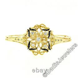 Vintage 14k Or Jaune 0.50ctw Diamant Et Noir Enamel Bracelet Bangle De Travail Ouvert