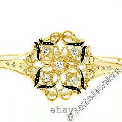 Vintage 14k Or Jaune 0.50ctw Diamant Et Noir Enamel Bracelet Bangle De Travail Ouvert