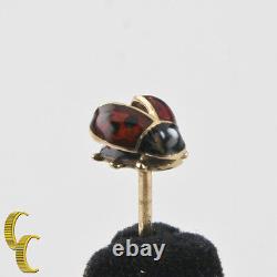 Vintage 14k Or Jaune Lady Bug Pin Brooch Noir Et Rouge Émail Allemagne