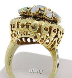 Vintage 14k Or Jaune Ovale Opal Diamond & Black Enamel Ladies Cocktail Ring
