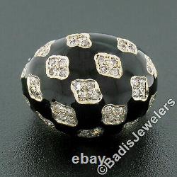 Vintage 18k Tt Gold 0.90ct Pave Diamond Clusters Sur Black Enamel Dome Bombe Ring